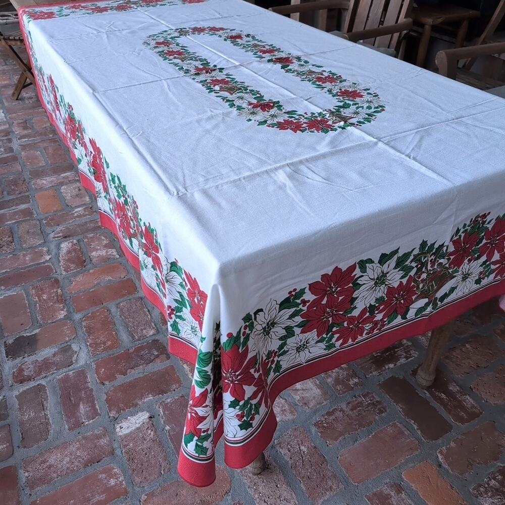 Vintage Sunweave Linen Corp Christmas Tablecloth 60" x 82", Retro Holiday